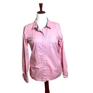Tommy Hilfiger blouse pink cotton button up roll tab contrast denim cuffs Sz L